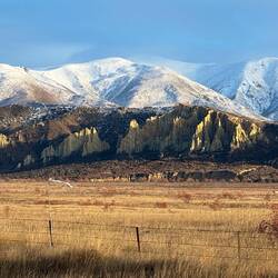 Clay Cliffs seen from highway 8 on our climb towards Lindis Pass
