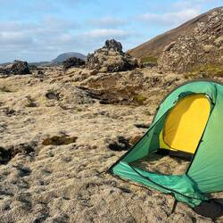 I am so tired I camp on the lava field ( a flattish bit)