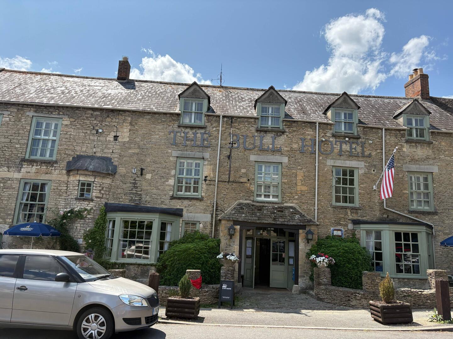 The Bull Hotel in Fairford - our room is up the top where those tiny windows are