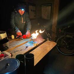 Man, make fire good. First use of liquid fuel!