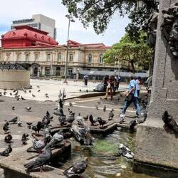 The artesian fountain with the National Theater building in the background.
