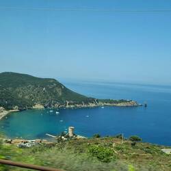 View from the bus window, looking down towards Campese