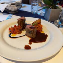 Lamb loin ,Reduction, Ratatouille, Roasted Sweet Potato