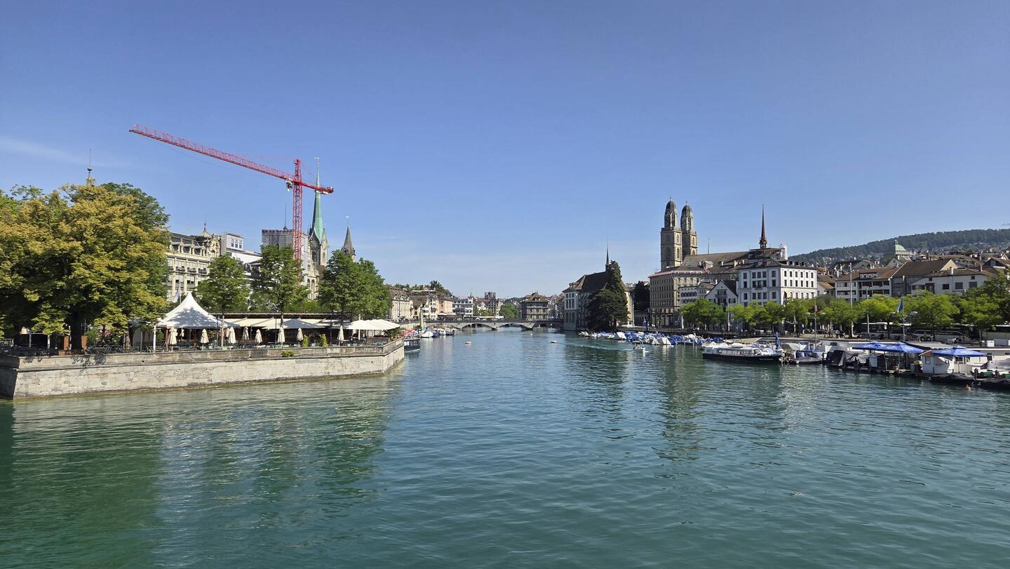 The mouth of the Limmat River flowing out of Lake Zurich.