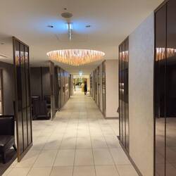The upper level of the Sakura First Class Lounge leading to the dining room.