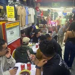 Seating at the sundry store next door.