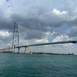 The cable-stayed suspension bridge. The construction cranes have yet to be dismantled.
