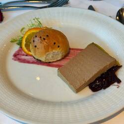 Duck liver pate w/ red onion chili jam and berries reduction