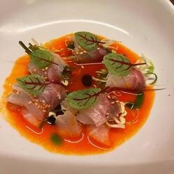 Amberjack with kelp in Asian pear, gochujang, kimchi sauce