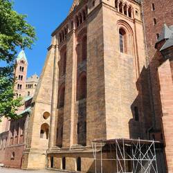 The cathedral is a combination of Romanesque and Gothic architecture.