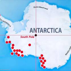 Antarctica map showing an overview of the areas with identified volcanoes.