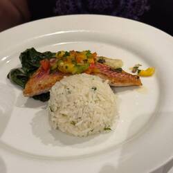 Pan - Seared Red Mullet Fillet Pineapple Tomato Salsa / Grilled Pak Choi Herb Rice