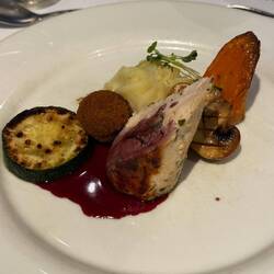 Chicken Roulade/ Oxtail Praline Barolo Sauce / Roasted Vegetables Truffle Flavoured Mashed Potato