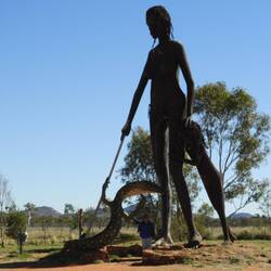 Aboriginal woman, child and goanna (and me for perspective)