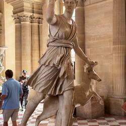 This statue is known as the "Diana of Versailles," a Roman copy of a Greek original. It depicts the