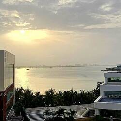 View of the bay behind the hotel with the city of Cancun in the background.