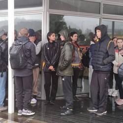 Waiting on the pouring rain to get on the boat to Outward Bound