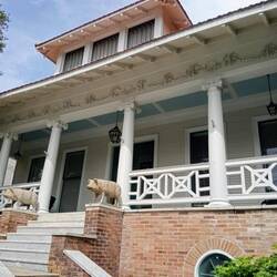 We were told all of these old homes paint the porch ceilings blue to stop insects, making nests.