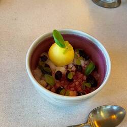 Vanilla custard, soursop ice, pickled cherries, cherries compressed with coriander, cherry consume,