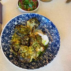 Sweet spicy salty cauliflower with coconut sour cream