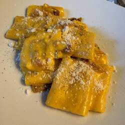 Carbonara with paccheri pasta. Rich. V good.