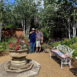 Tom & Chris in a village garden