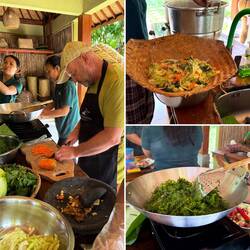 Oben rechts balinesisches Abtropfsieb, unten rechts junger Farn gedämpft.