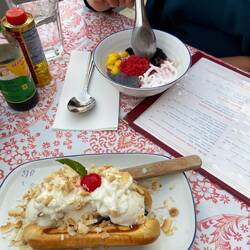 Milk pudding with raspberry ice