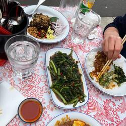 Chrysanthemum leaves. Pork and black olive stir fry