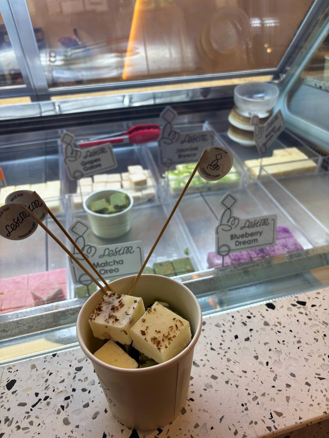 Matcha Oreo, yuzu and rose lychee flavoured yoghurt cubes