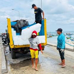 Eisblöcke für die Fischerboote auf dem Meer draussen werden abgeladen...