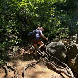 Crossing back over stream with Pepper on my back