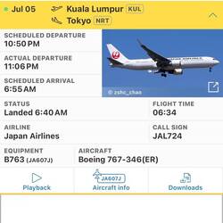 Flight record for JL724 as recorded on FlightRadar24.