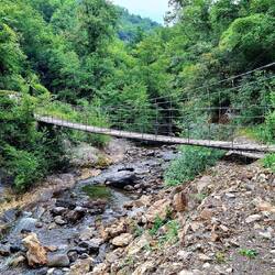 Een hangbrug die hard beweegt.