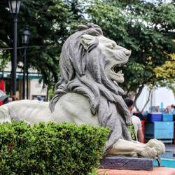 One of the lions of the artesian fountain.