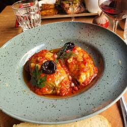 Cabbage stuffed with lentils, chickpeas, bulgur, red beans & buckwheat.