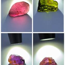 Oben links Granat, oben rechts Chromturmalin, unten 2 Saphire