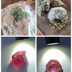 Oben grüner Granat in Matrix und mit Pyrit, unten 2 Saphire.