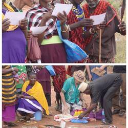 Oben werden Bilder betrachtet. Unten hinten Geschenke für die Frauen. Auf der Decke Souvenirs.