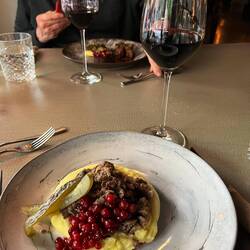 Sautéed reindeer with lingonberries and mashed potatoes