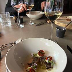 Starter of whitefish topped with birch mayonnaise, semi dried tomatoes, jalapeño, and wild flowers