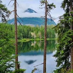 Mountain and clouds reflected in lake