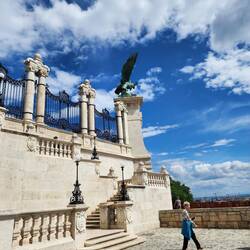 The statue of a turul bird, an ancient Hungarian symbol (supposedly a falcon), protects the city