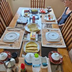 Breakfast was yummy, coconut and hunny pancake, omelet, fruit,