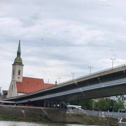 Double-decker bridge: upper level for vehicles and lower level for pedestrians