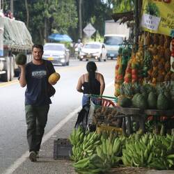 Dillon beim Einkaufen, wir testen die Guanábana - als Geschenk kriegen wir noch eine Papaya