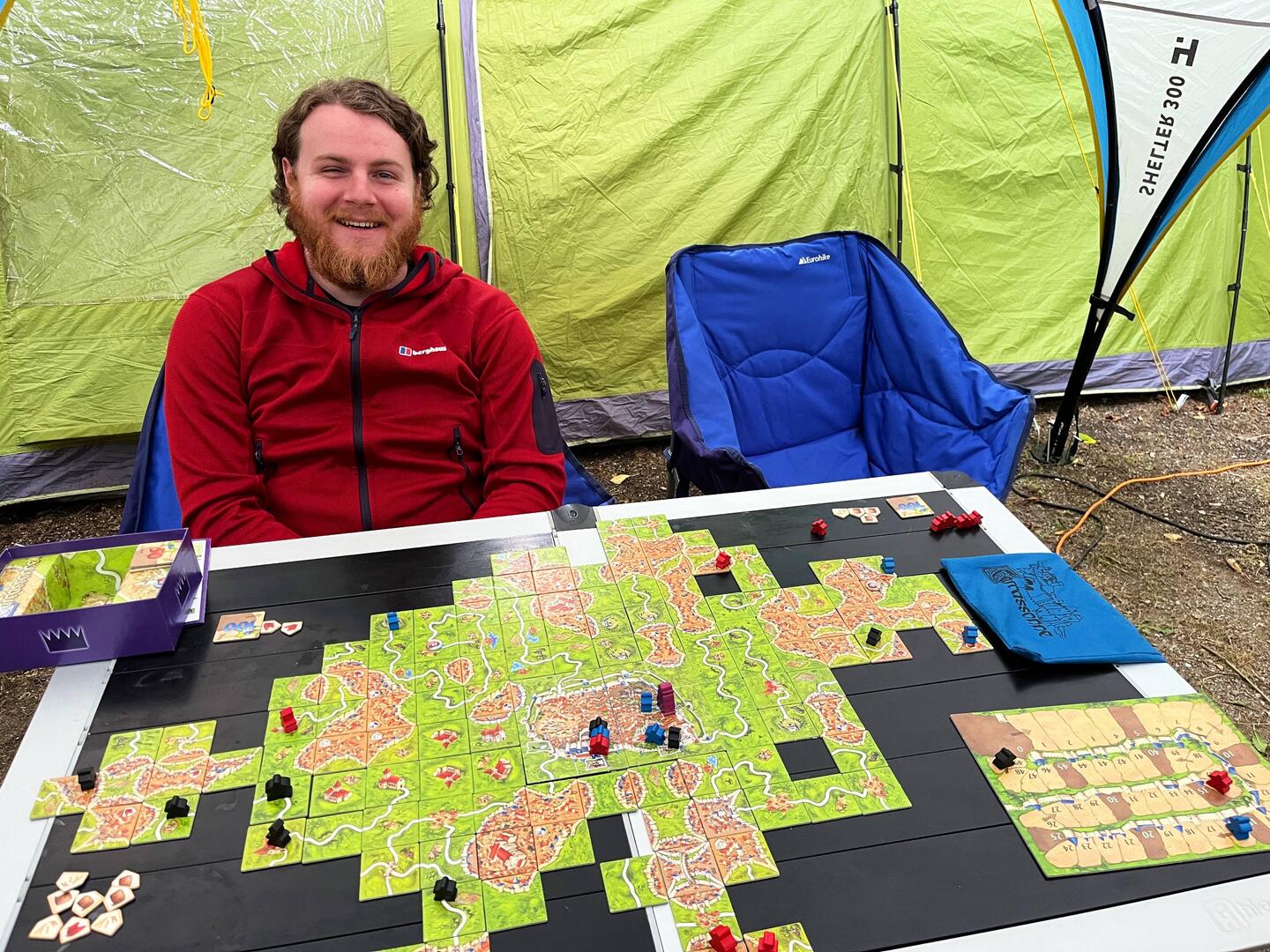 Aftermath of a successful game of Carcassonne, with main game plus extensions 1, 2 and 6