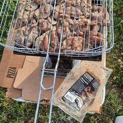 Der Grillkorb mit Schaschlik passt perfekt zum kleinen Grill