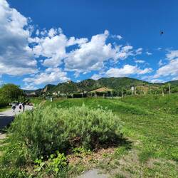 Looking back to see the town and the ruins at the top of the hill