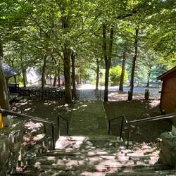 Steps down to the bar, pool, shop and reception